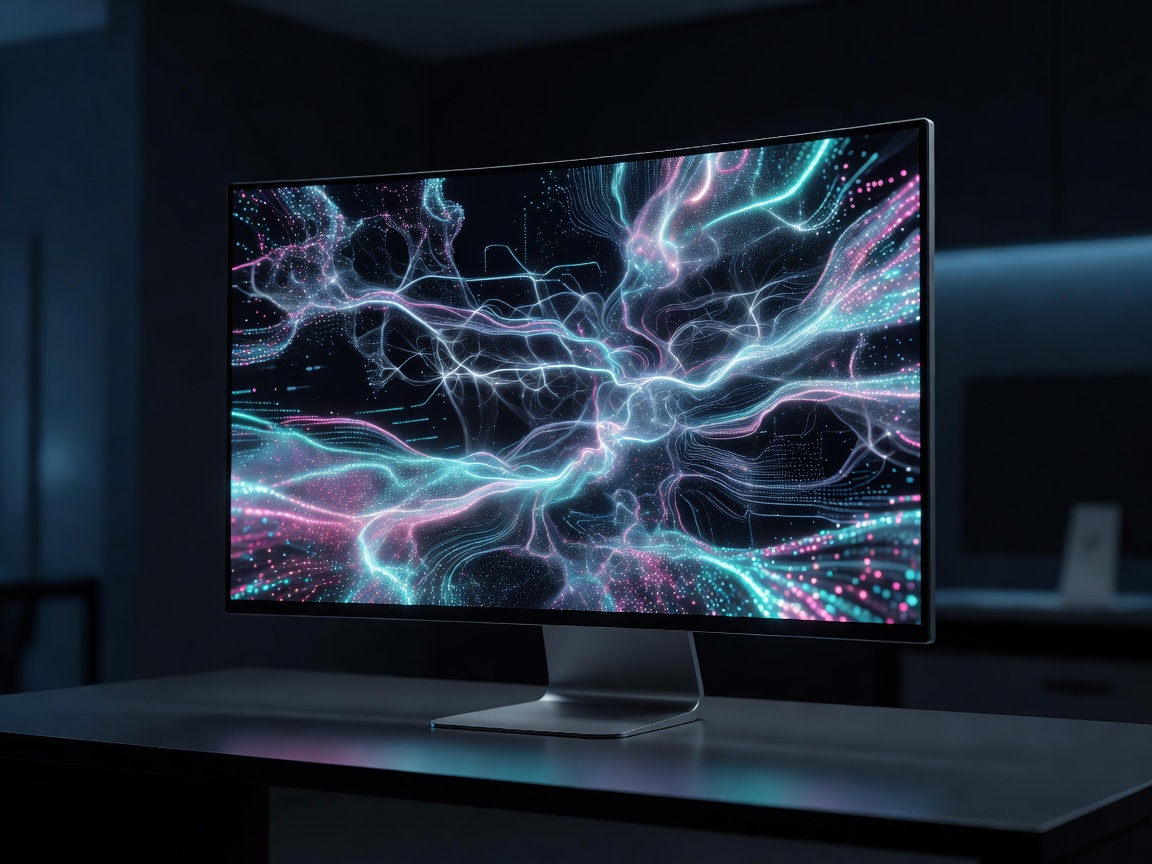 Cybernetic data stream visualization on sleek high end computer display
