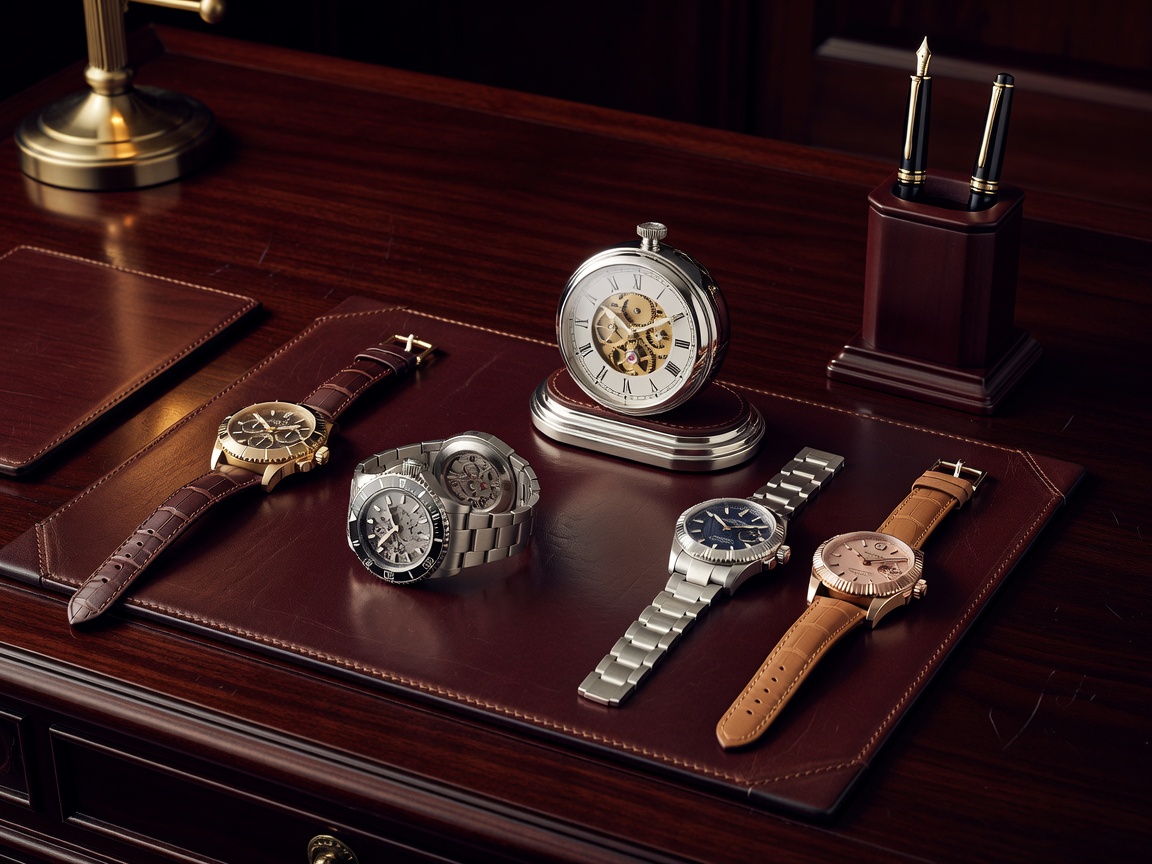Luxury wrist watch and dark leather journal arranged on obsidian desk