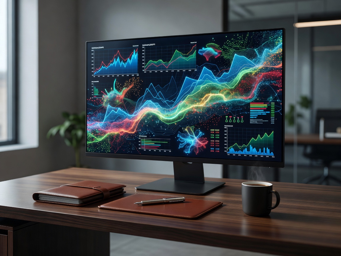 Executive desk setup featuring high resolution financial and AI metrics graph