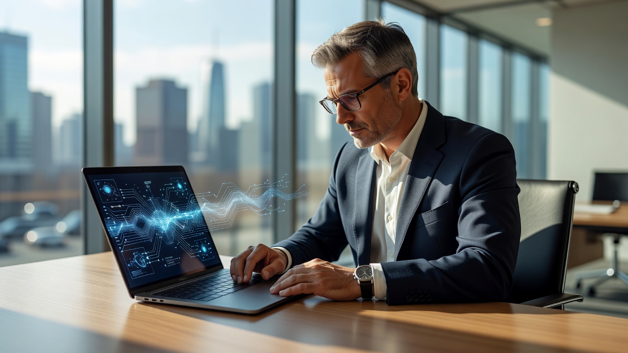 Executive male professional reviewing AI workflow dashboard on laptop