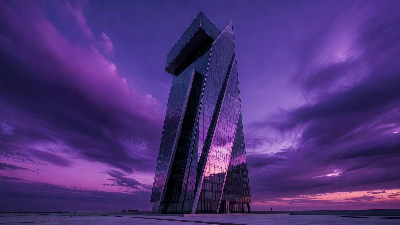 Futuristic skyscraper reflecting purple sky representing executive leverage