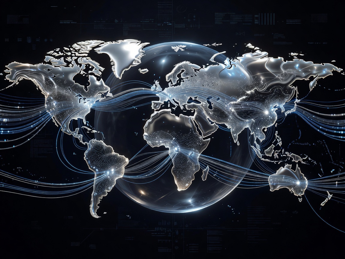 Global cloud server connectivity map with metallic glow visual effect