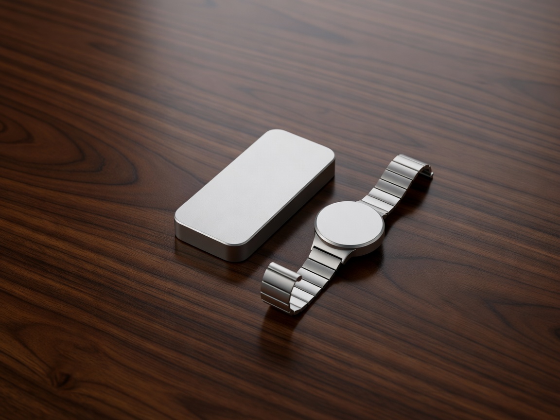 Minimalist titanium audio gadget and wearable tech on polished wood surface